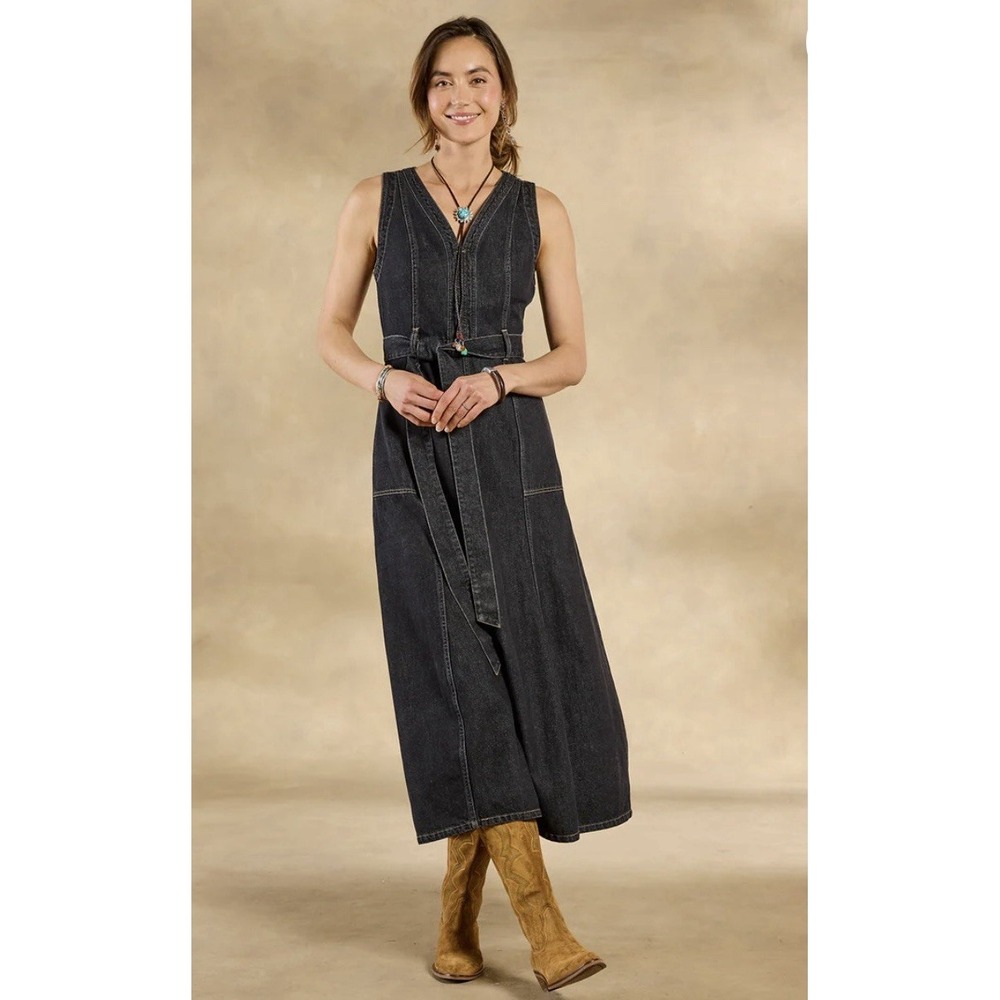Sundance Poppy Maxi Dress Black Denim NWT Size 8 Sleeveless Boho Western Belted